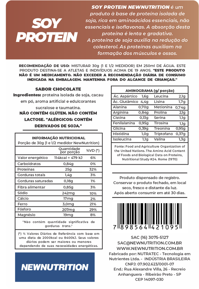 Proteína de Soja (Soy Protein) 900g - Sabor Chocolate New Nutrition (BR) - Imagem 2