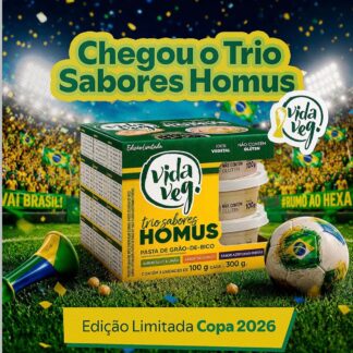 TRIO SABORES HOMUS - Pasta de Grão de Bico - Alho & Limão / Defumado / Azeitonas pretas 100g cada / 300g Vida Veg (EDIÇÃO LIMITADA)